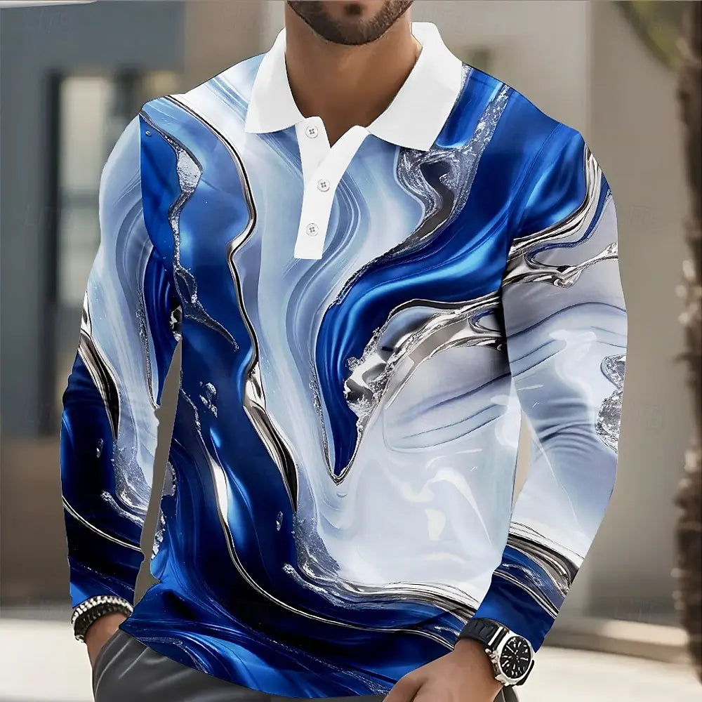 Men's Geometic Line Long Sleeve Polo Shirt Breathable Casual Geometic Marble Tops Slim Fit Quick Dry Classic Collar Multi Color